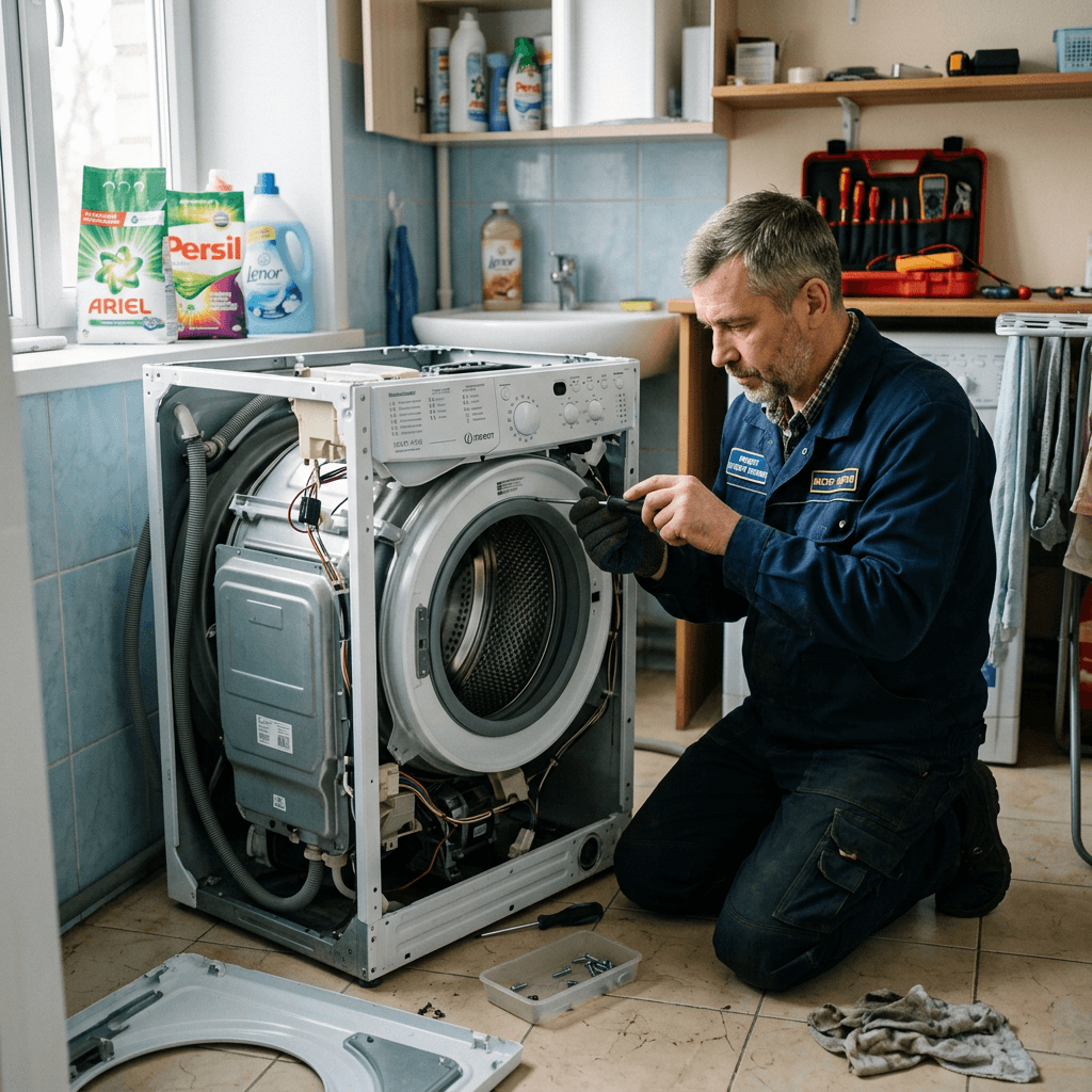 Мастер ремонтирует стиральную машину